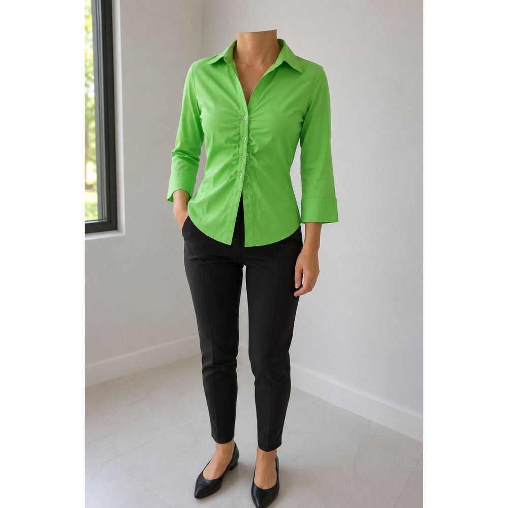 New York & Company Women’s XS Green Button Front 3/4 Sleeve Stretch Collared Top